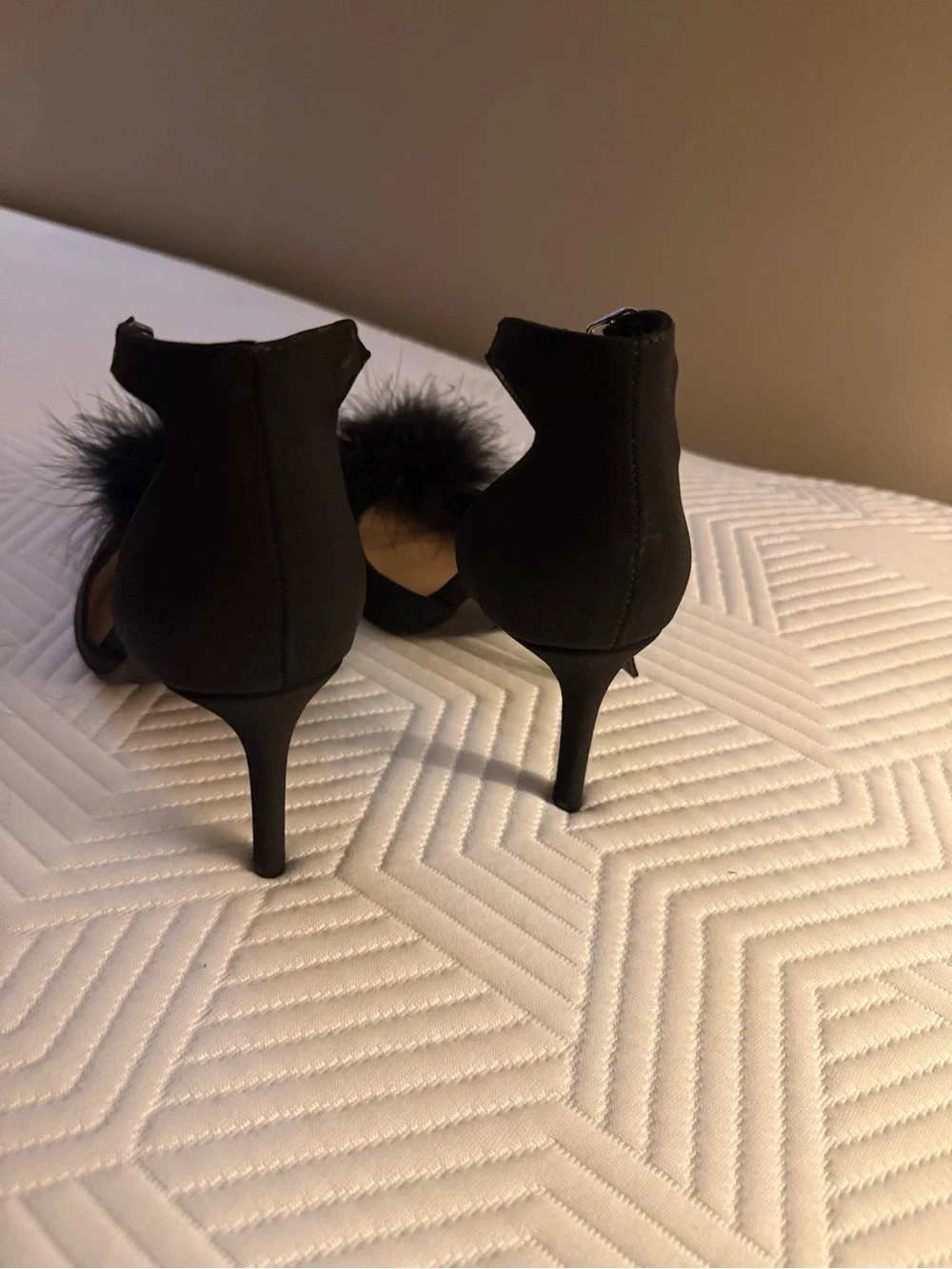 BCBGeneration Black Pom-Pom Ankle-Strap Pointed-Toe Heels